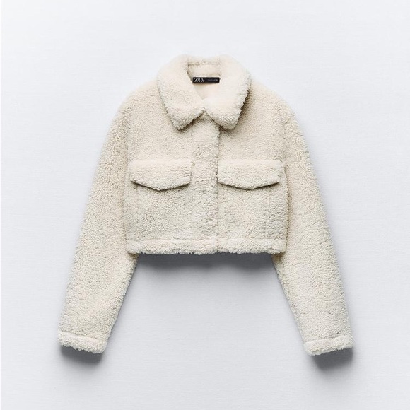 Zara CROPPED FAUX SHEARLING JACKET size Medium in Ecru - Picture 3 of 4
